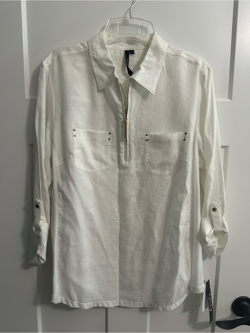 White Half-Zip Collared Tunic Blouse